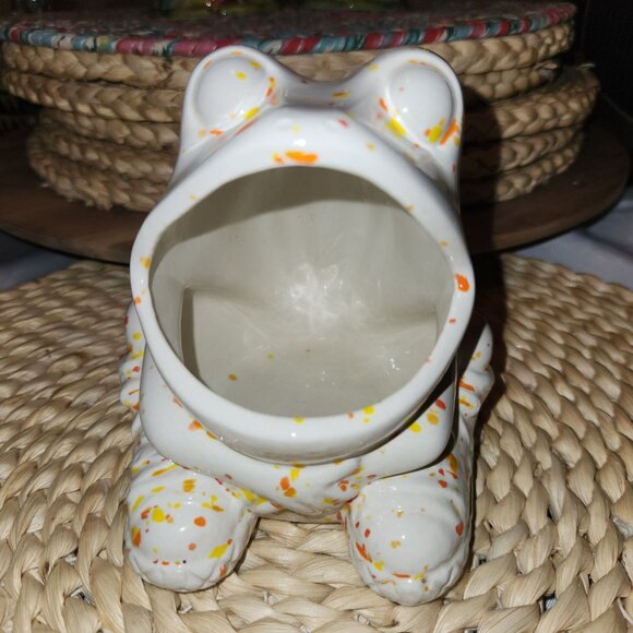 Vintage Ceramic Frog Planter Sponge Holder With Speckled Orange & Yellow Design - Picture 1 of 7